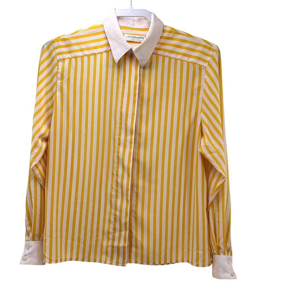 Liz Claiborne Blouse Womens 2P Yellow Striped Contrast Collar Vintage 90s Preppy